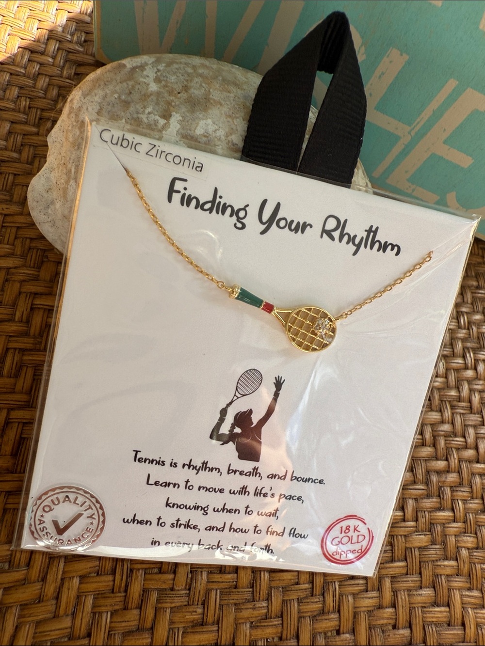 Gold Tennis Racket Necklace with Green and Red Accent - Finding Your Rhythm - Picture 8 of 8